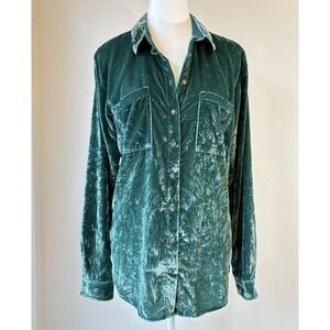 Pilcro Crushed Velvet Button Up Top Medium Green Boho Relaxed Party Festival